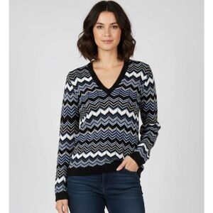 CHARTER CLUB Chevron Design Glitter Pullover Sweater, Women’s M, Blue Gray Black